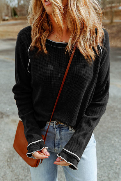 Red Exposed Seam Textured Pullover Long Sleeve Top