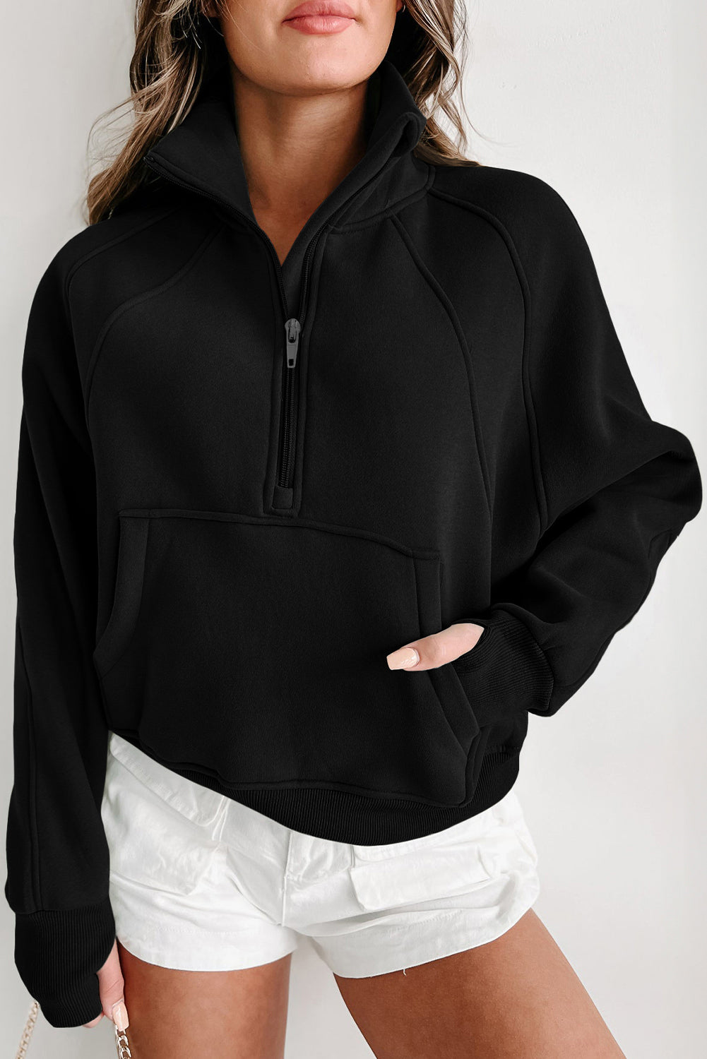 Brown Stand Collar Thumbhole Sleeve Sweatshirt
