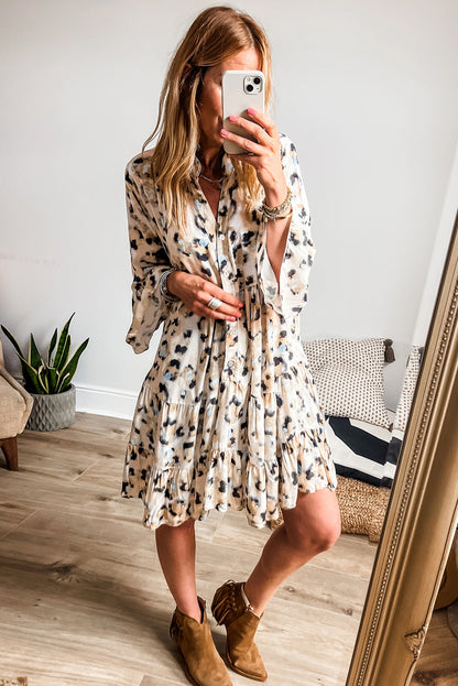 Rose Leopard Button V Neck Pocket Flowy Mini Dress