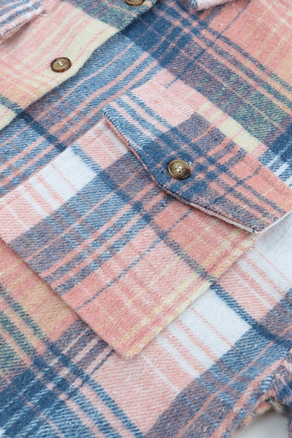 Pink and Grey Plaid Button Up Collar Flannel Shacket