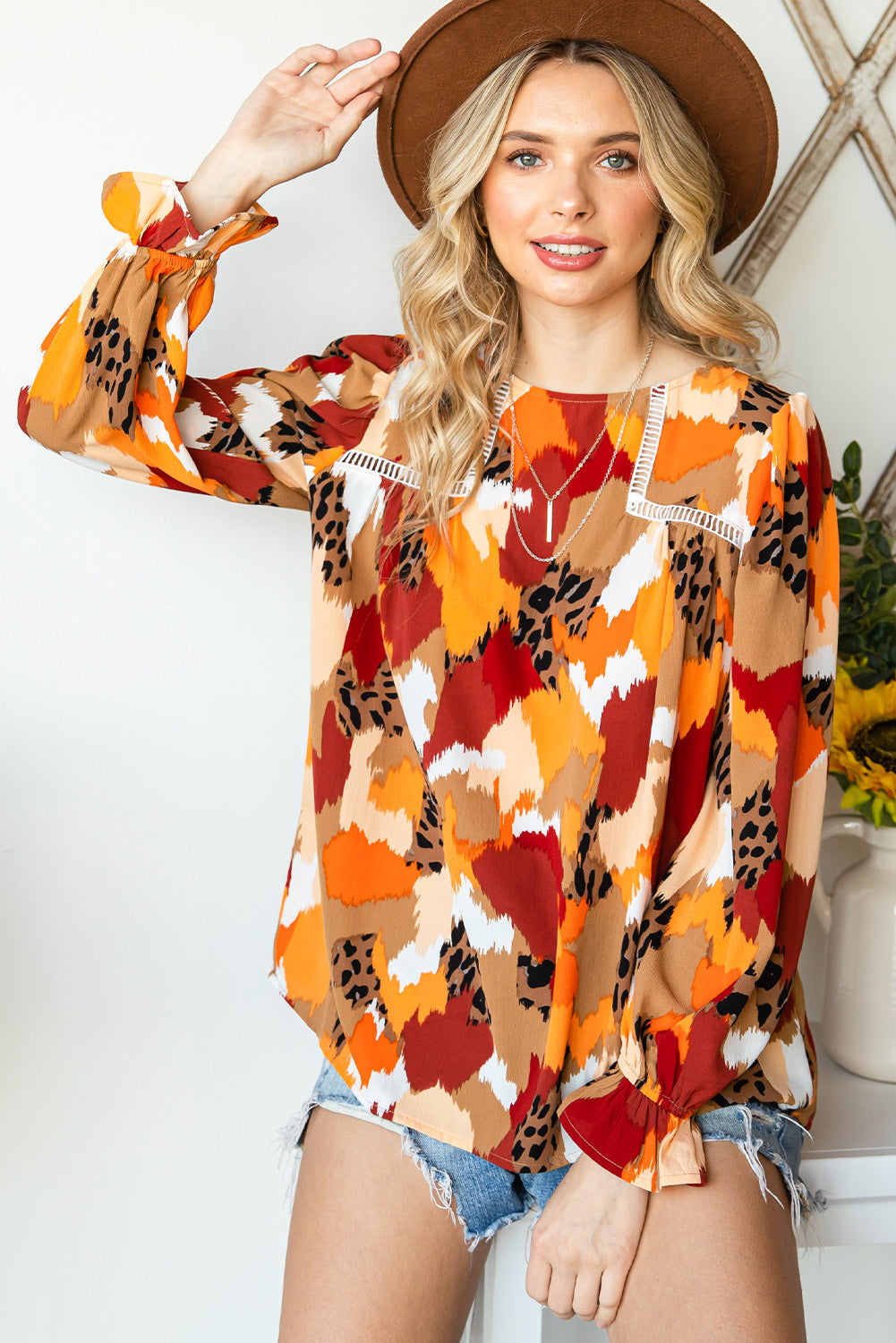 Multicolor Abstract Print Ruffle Puff Sleeve Blouse