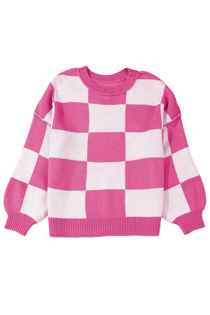Pink Checked Bishop Sleeve Pullover Sweater