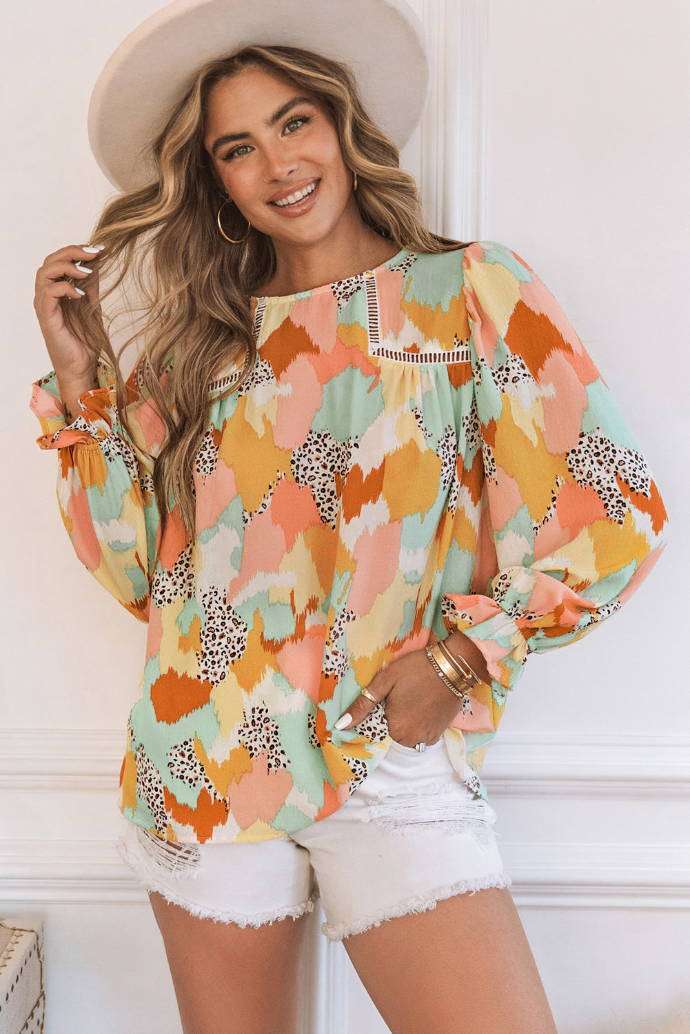 Multicolor Abstract Print Ruffle Puff Sleeve Blouse
