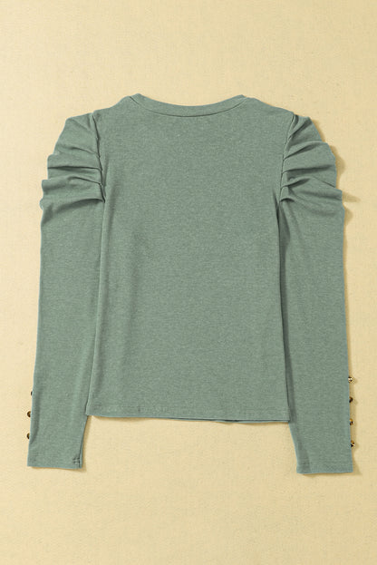 Gray Basic Buttoned Puff Long Sleeve Sheath Top
