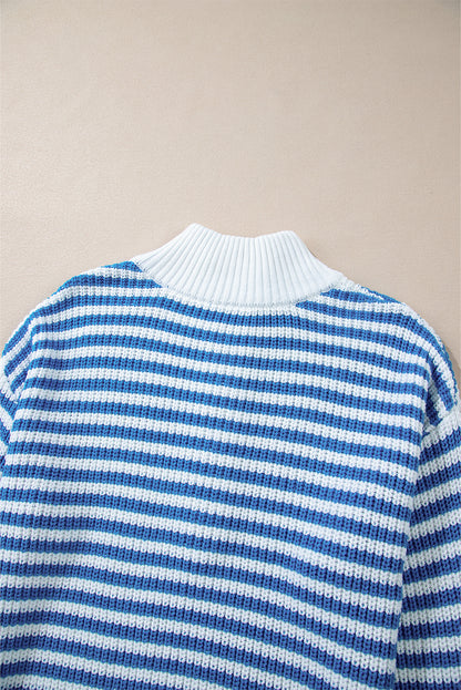 Khaki Stripe Zip Up Collar Drop Sleeve Sweater