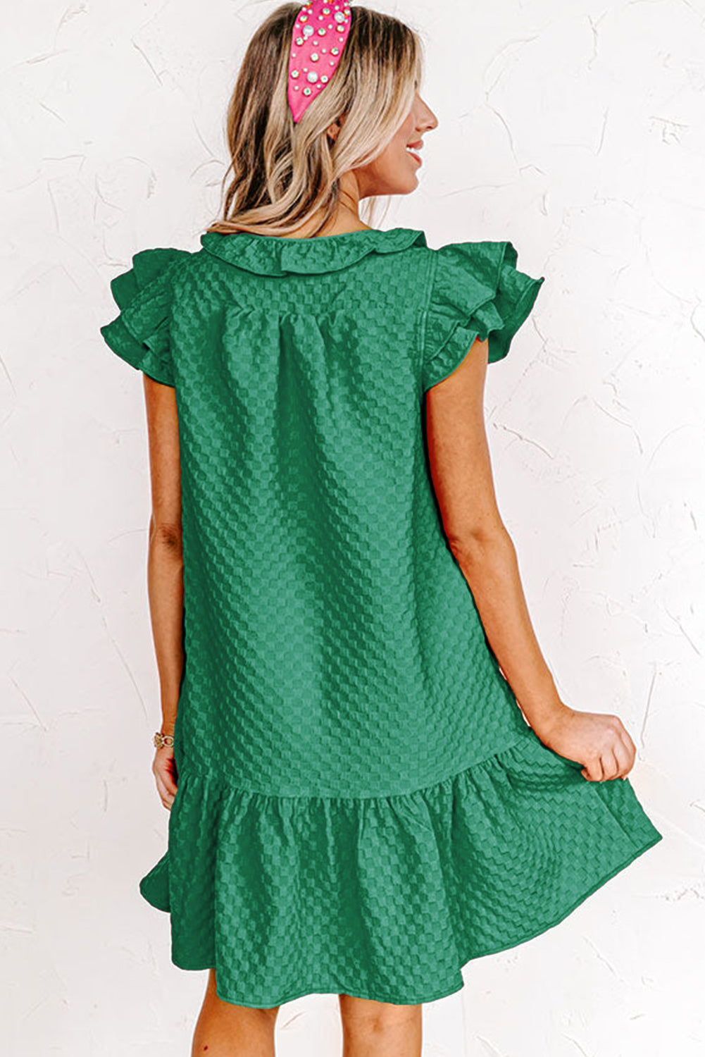 Checked Mini Dress with Flutter Shoulders