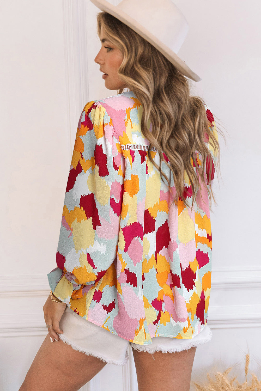Multicolor Abstract Print Ruffle Puff Sleeve Blouse