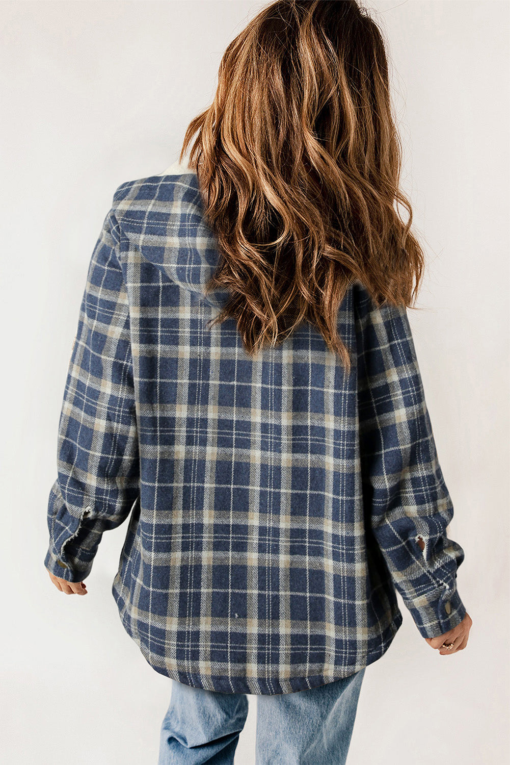 Blue Snap Button Sherpa Lined Hooded Flannel Jacket