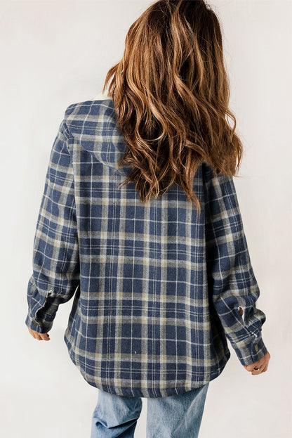 Blue Snap Button Sherpa Lined Hooded Flannel Jacket