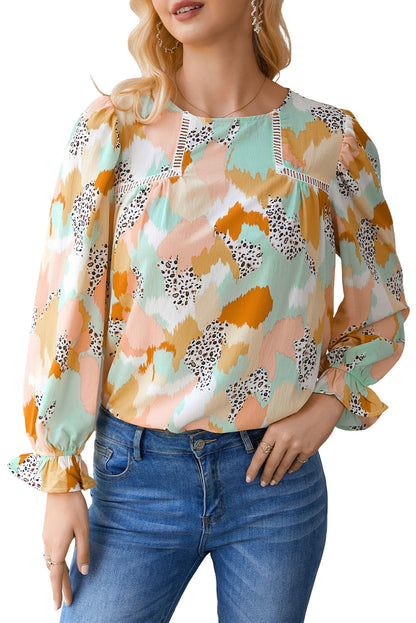 Multicolor Abstract Print Ruffle Puff Sleeve Blouse