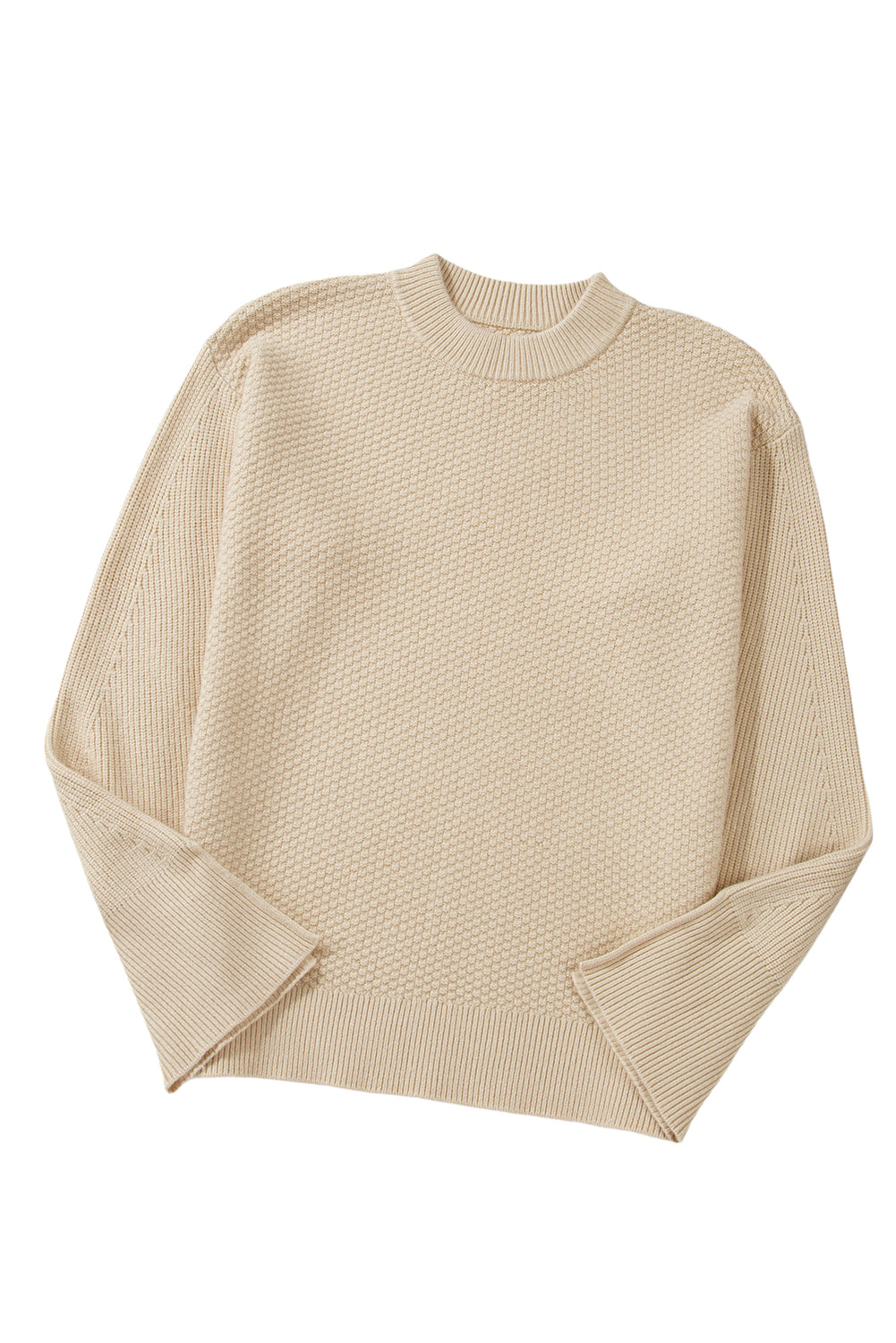 Gray Textured Knit Split Cuff Drop Shoulder Loose Sweater