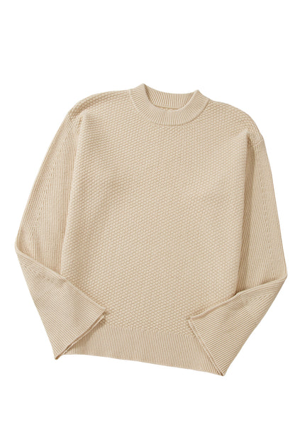 Gray Textured Knit Split Cuff Drop Shoulder Loose Sweater