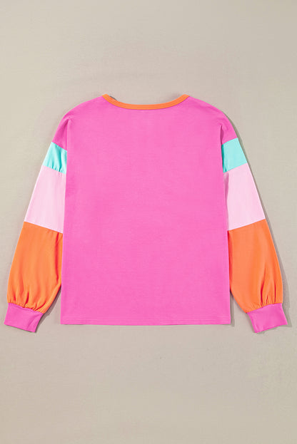 Rose Red Color Block Sleeve Loose Fit Top