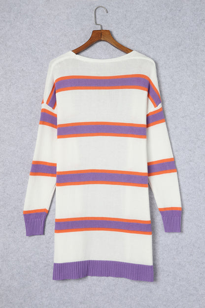 Beige Striped Long Sleeve Ribbed Trim Button Cardigan