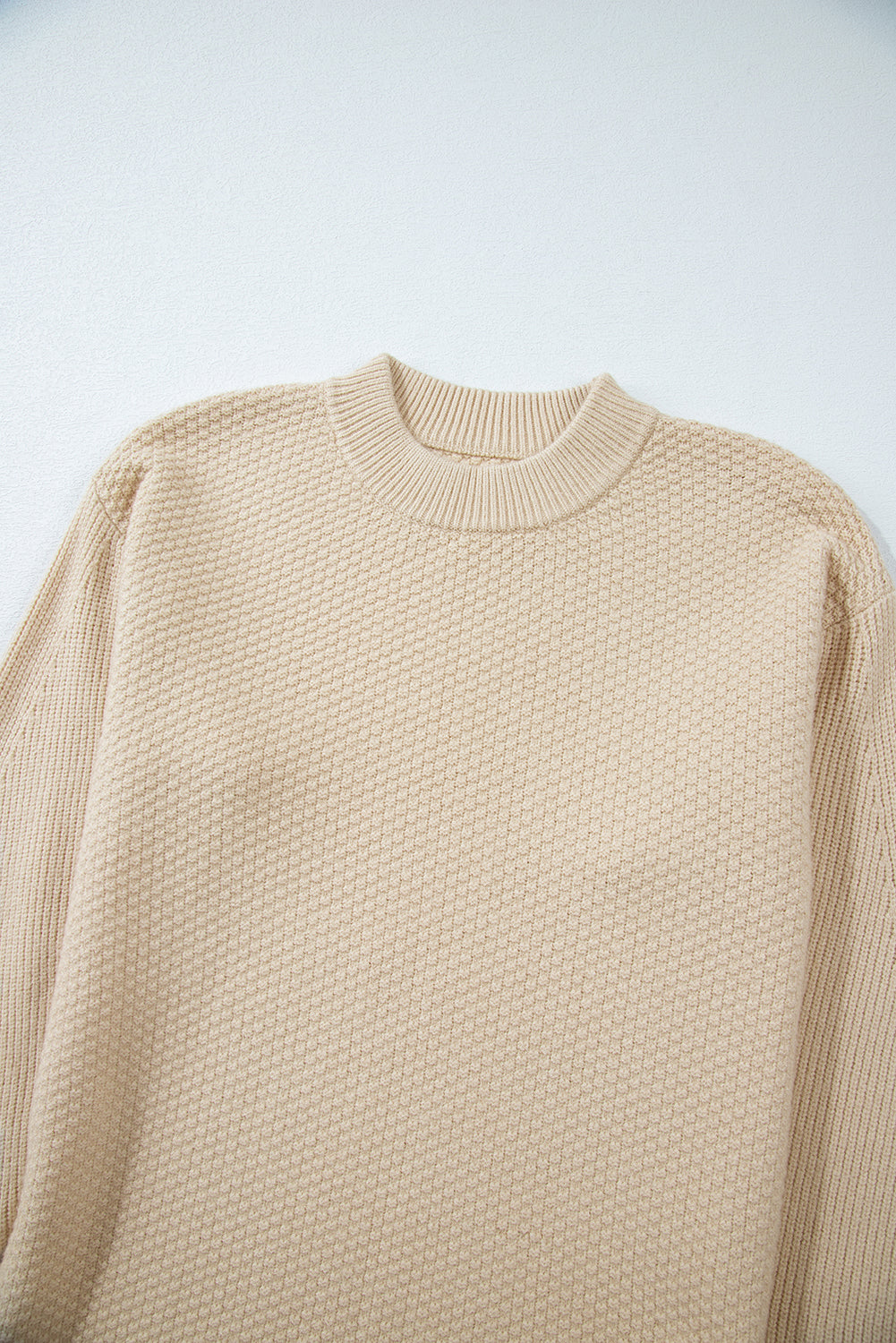 Gray Textured Knit Split Cuff Drop Shoulder Loose Sweater