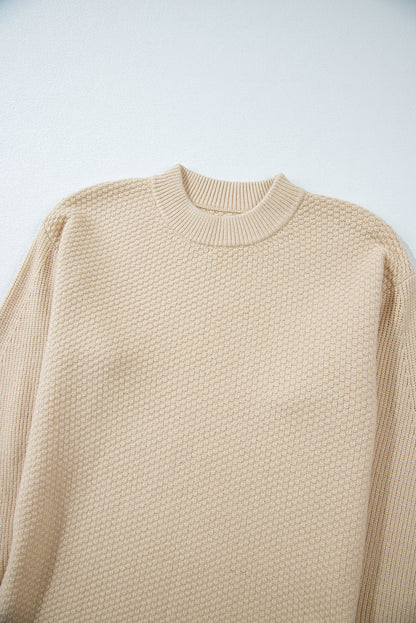 Gray Textured Knit Split Cuff Drop Shoulder Loose Sweater