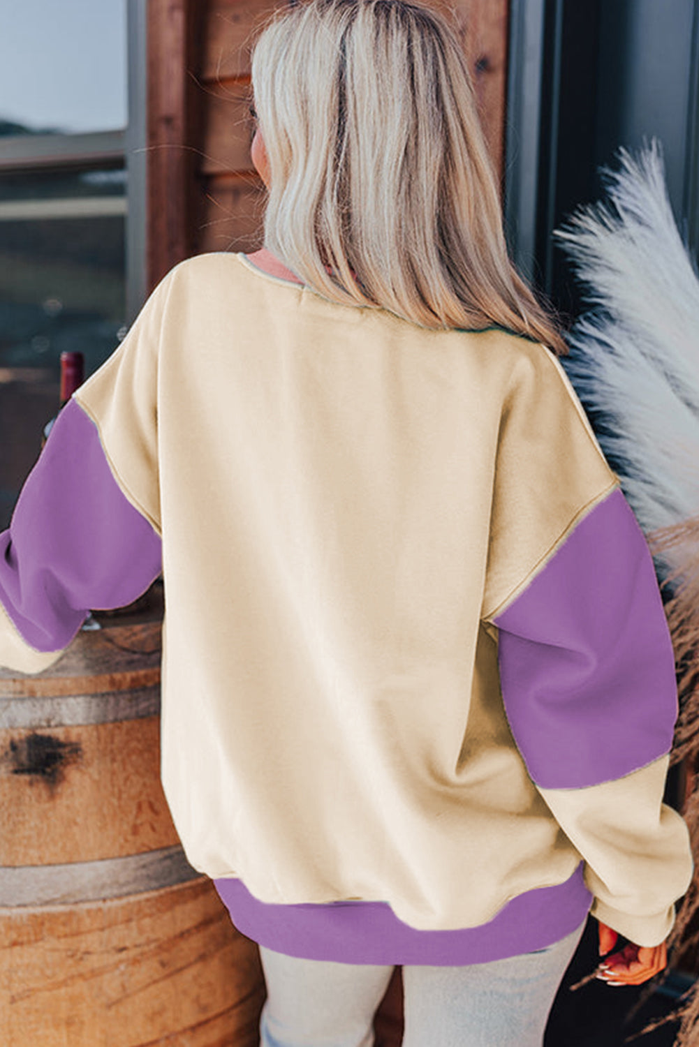 Bright Pink Colorblock Drop Shoulder Sweatshirt