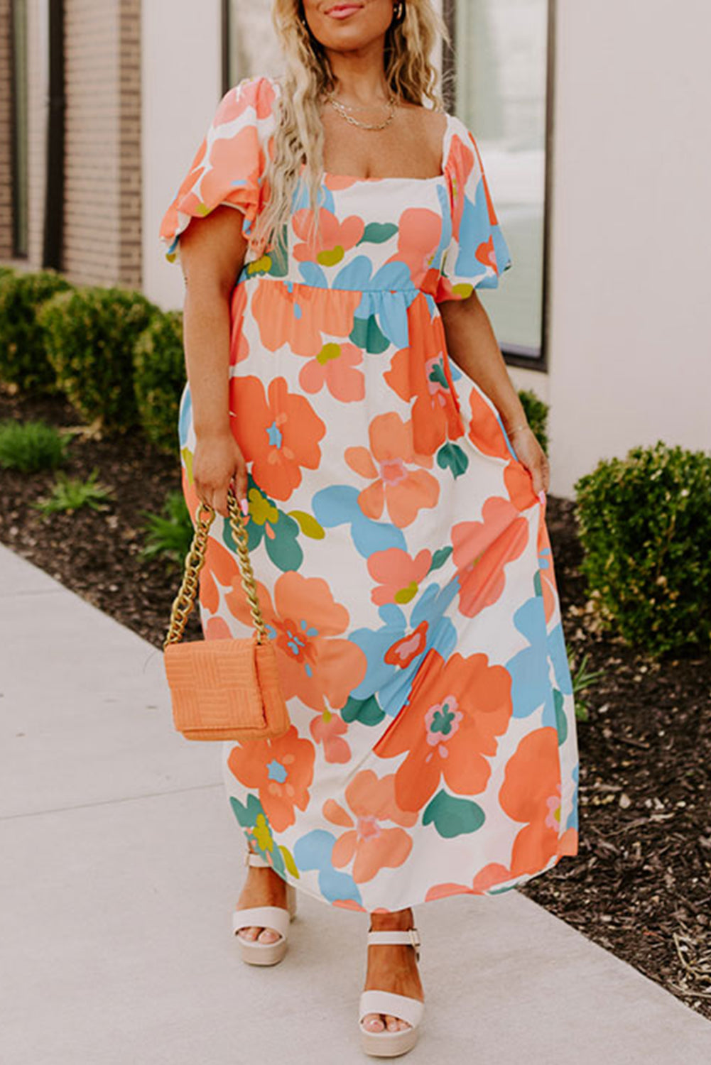 Orange Plus Size Floral Print Square Neck Maxi