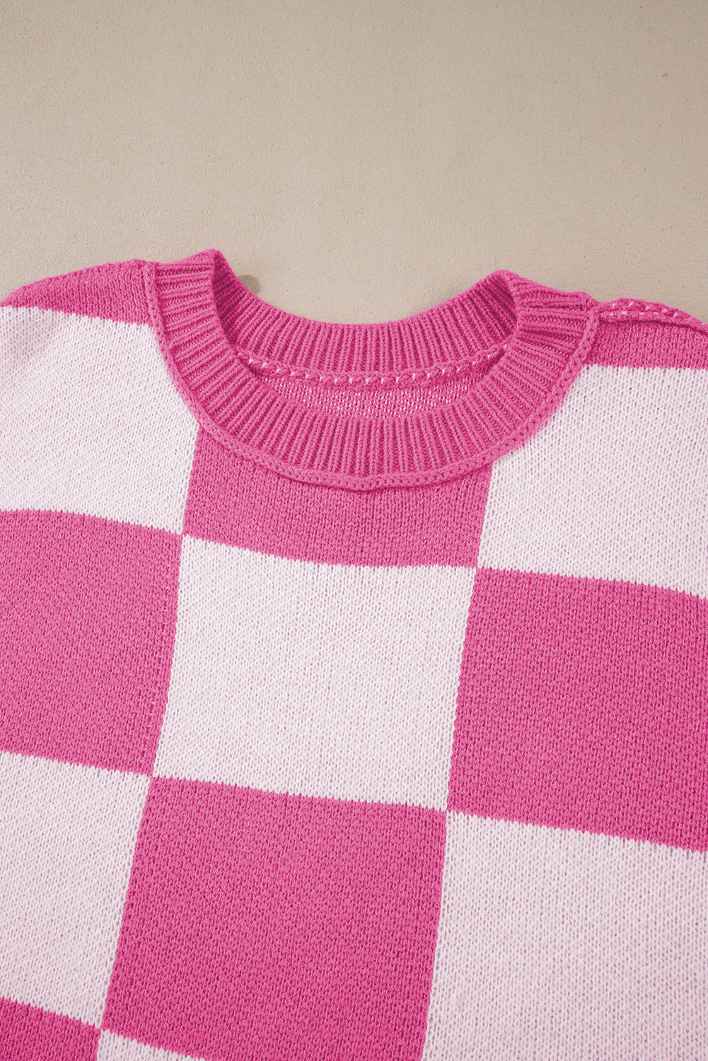 Pink Checked Bishop Sleeve Pullover Sweater