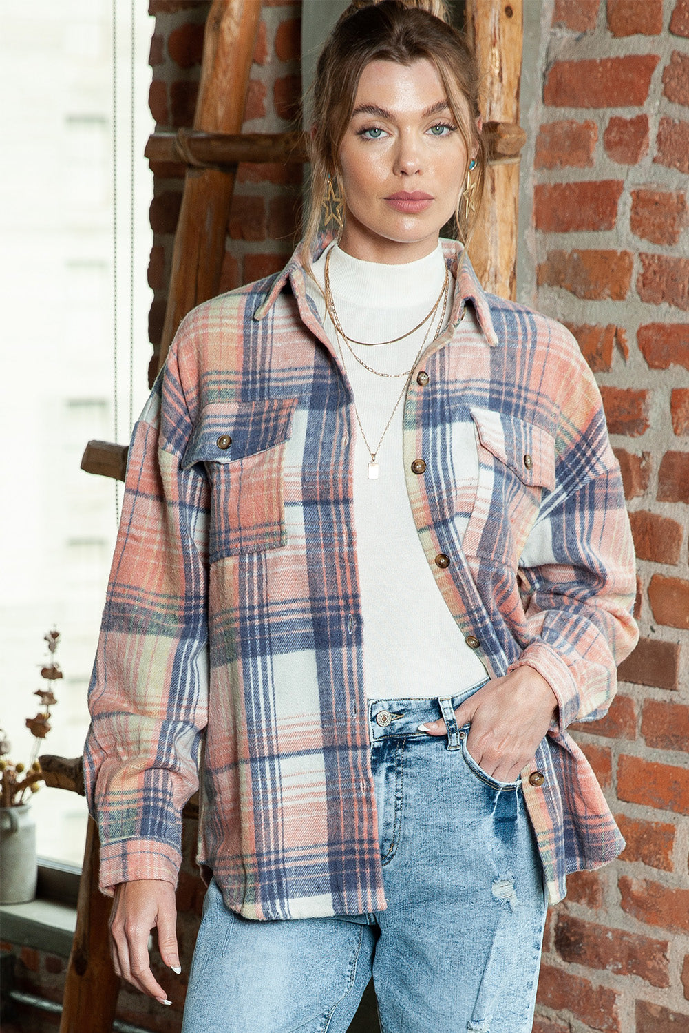 Pink and Grey Plaid Button Up Collar Flannel Shacket