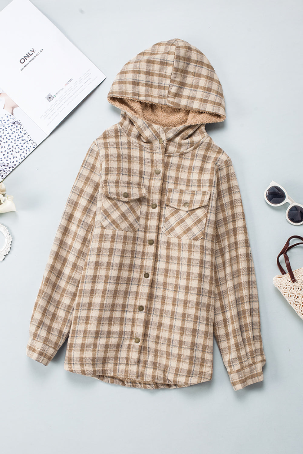 Blue Snap Button Sherpa Lined Hooded Flannel Jacket