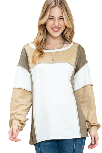 Khaki Color Block Exposed Seam Long Sleeve T Shirt