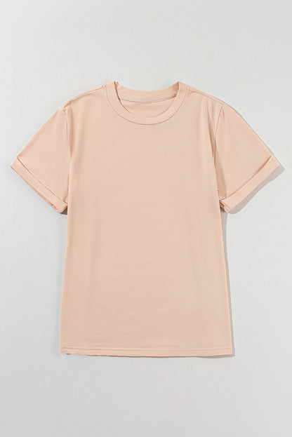 Rose Red Solid Color Crew Neck Roll Up Sleeve Tee