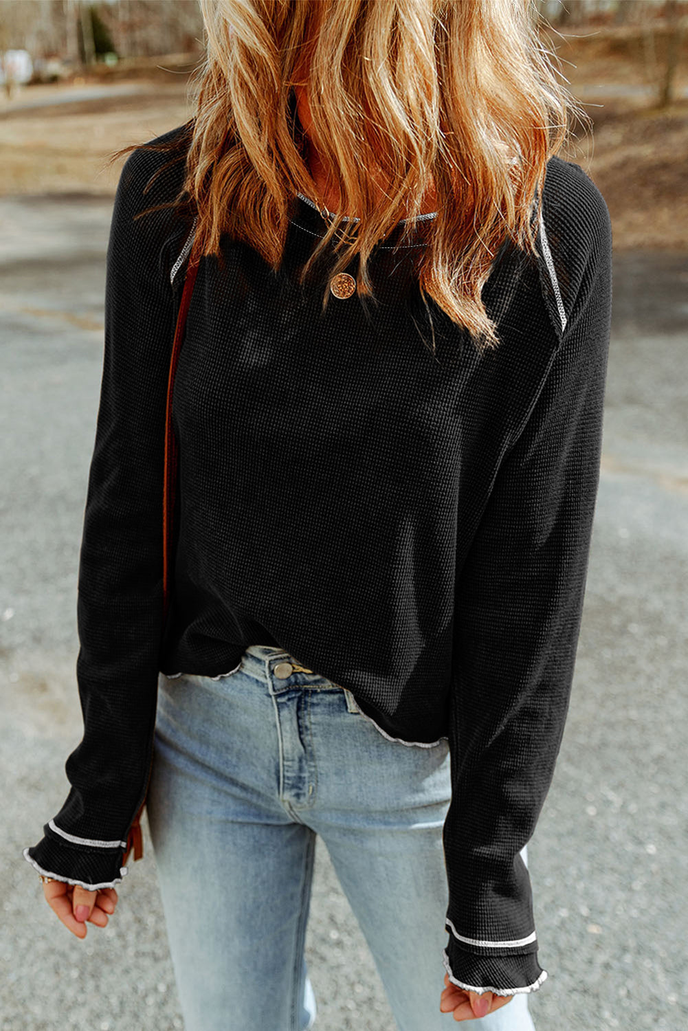 Red Exposed Seam Textured Pullover Long Sleeve Top