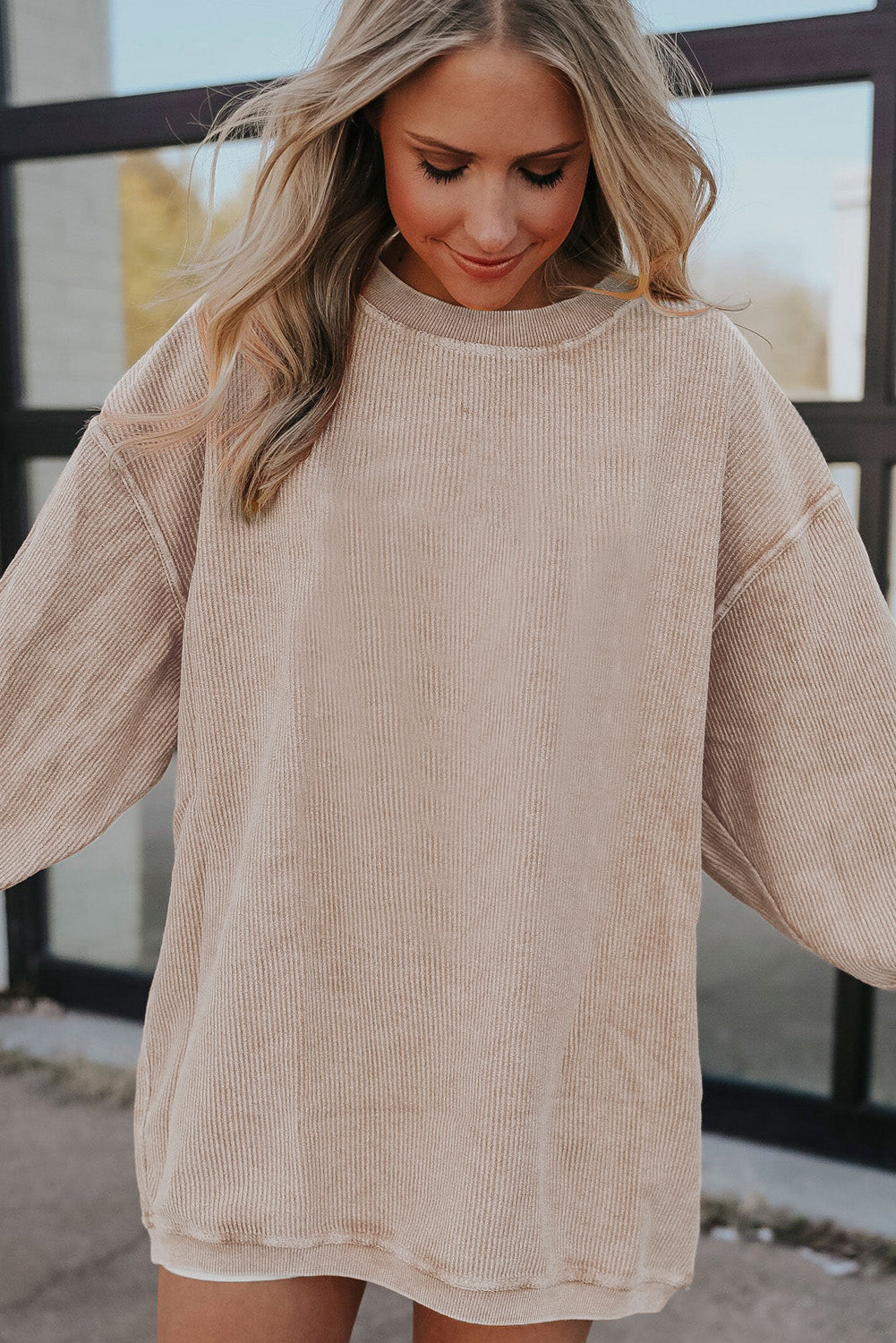 Strawberry Pink Drop Sleeve Ribbed Oversized Sweatshirt