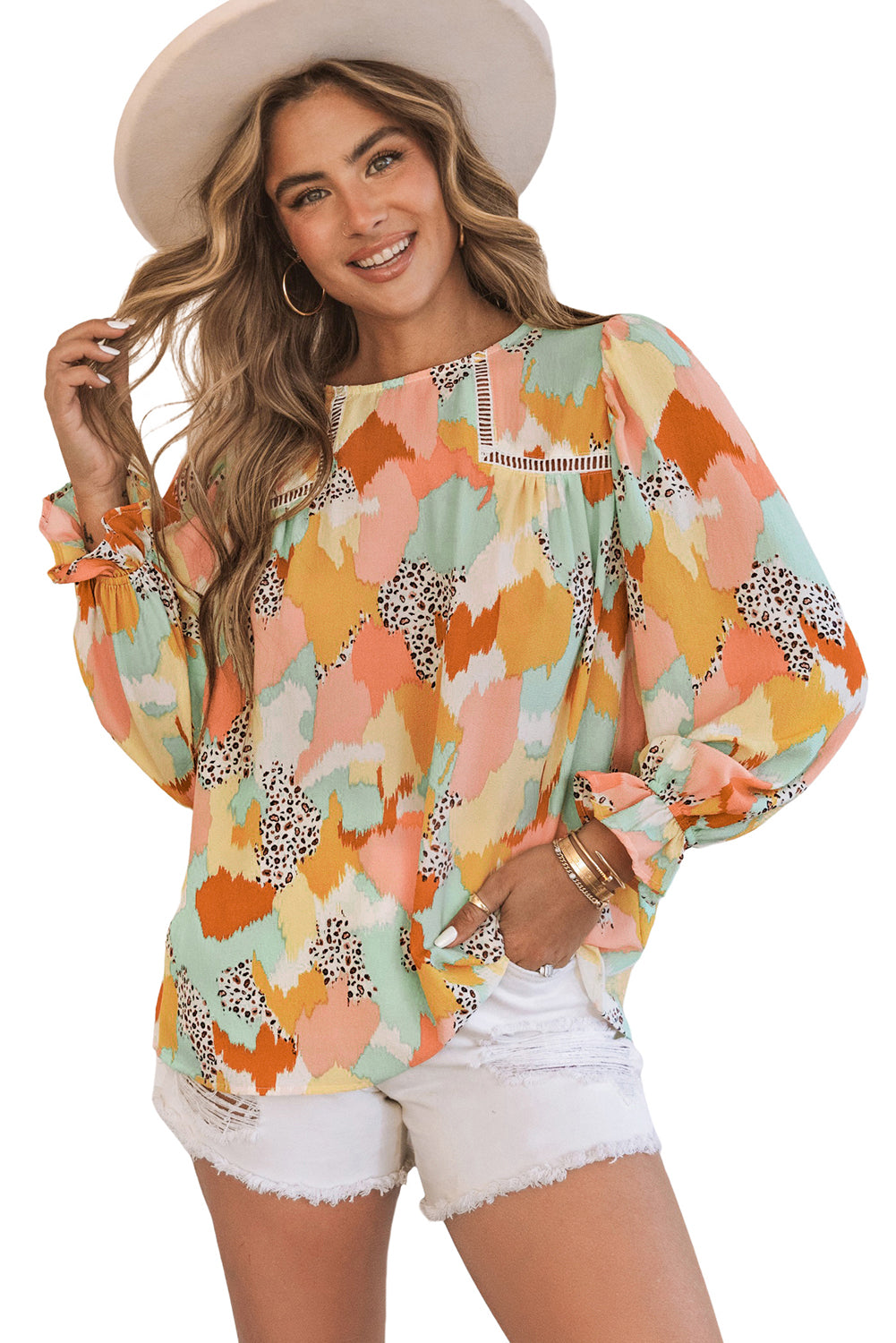Multicolor Abstract Print Ruffle Puff Sleeve Blouse