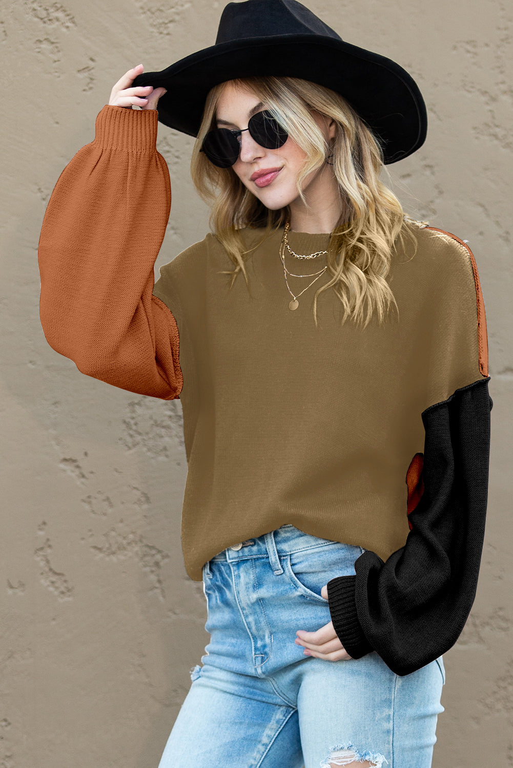 Brown Colorblock Bishop Sleeve Exposed Seam Ribbed Trim Sweater