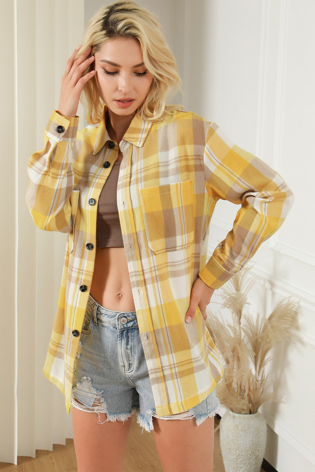 Pink Long Sleeve Collar Button Up Flannel Shacket