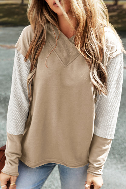 Black Textured Splicing Sleeve Raw Hem Hoodie