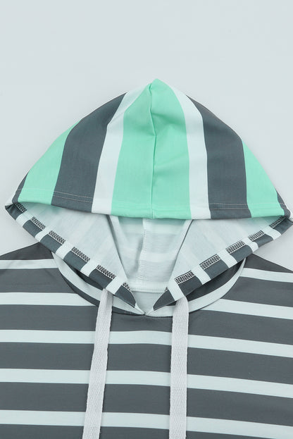 Blue Striped Color Block Drawstring Long Sleeve Hoodie