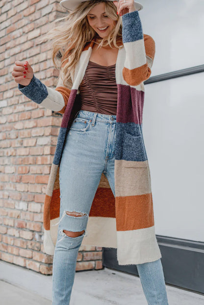 Multicolor Knitted Color Block Open Front Long Cardigan