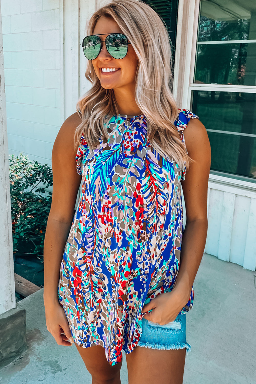 Rosy Boho Abstract Print Color Block Ruffle Babydoll Sleeveless Shirt
