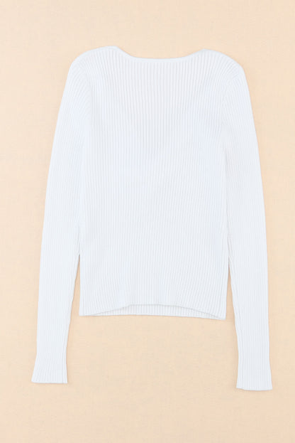 White Basic Cable Crossed V Neck Sweater