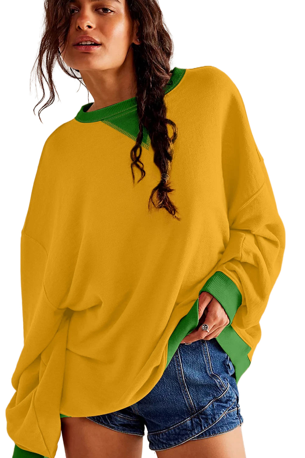 Red Clay Color Block Drop Shoulder Crewneck Oversized Sweatshirt