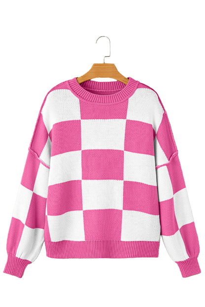 Pink Checked Bishop Sleeve Pullover Sweater