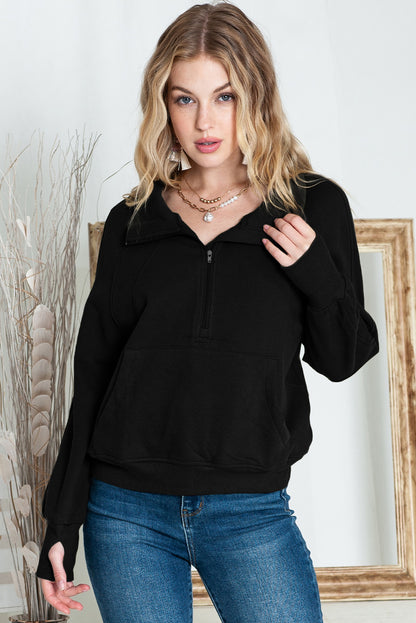 Brown Stand Collar Thumbhole Sleeve Sweatshirt