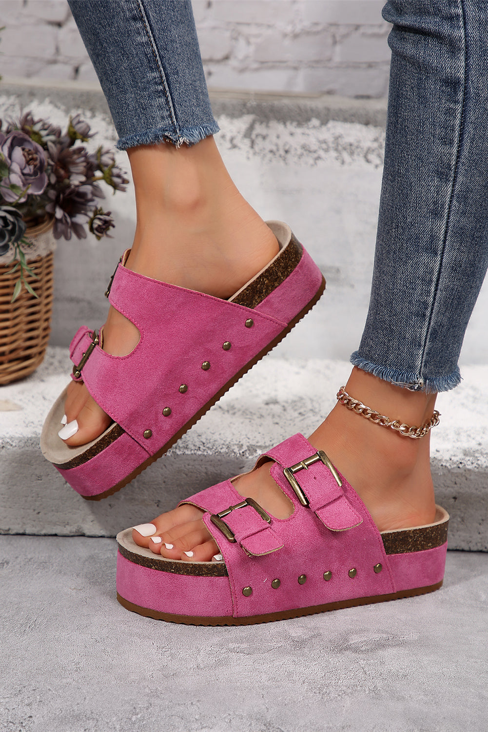 Chestnut Leopard Suede Dual Buckle Strap Platform Slides Shoes