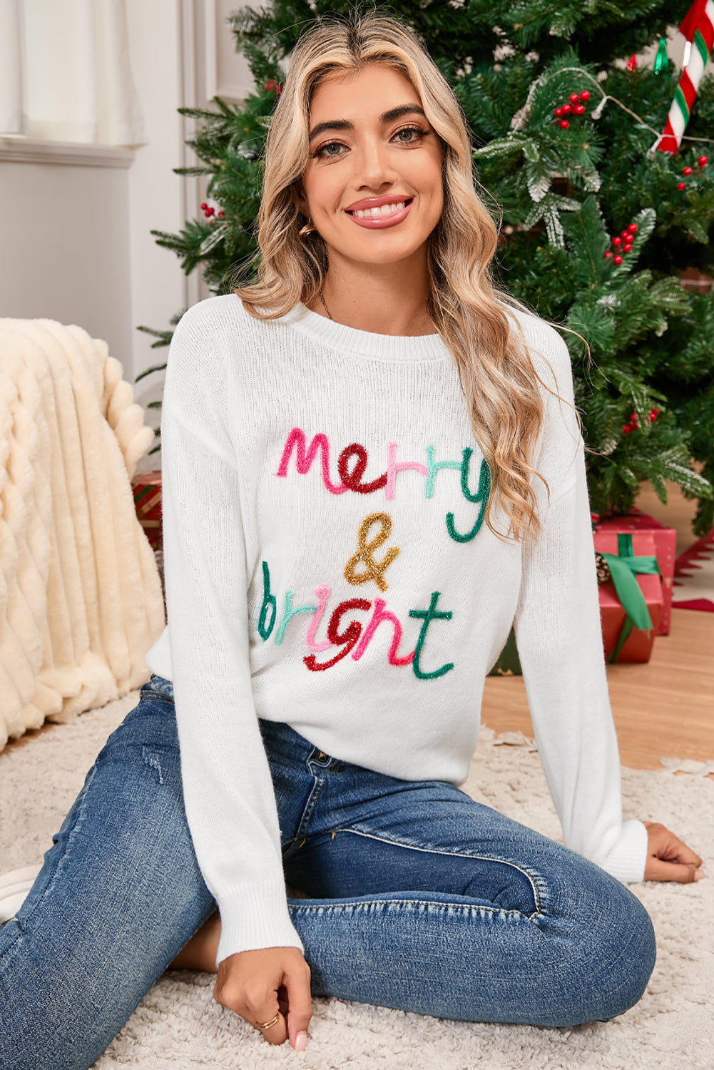 White XOXO Chenille Letter Round Neck Casual Sweater