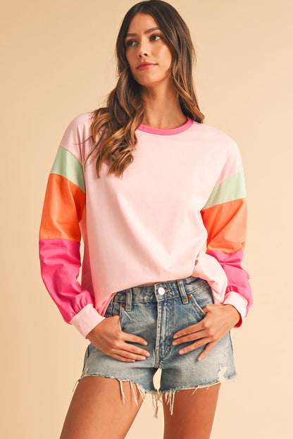 Rose Red Color Block Sleeve Loose Fit Top