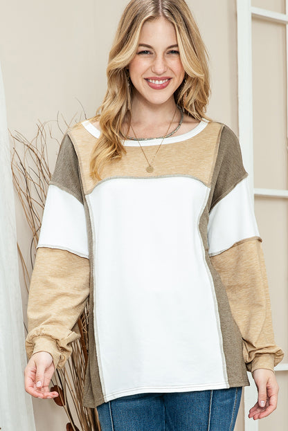 Khaki Color Block Exposed Seam Long Sleeve T Shirt
