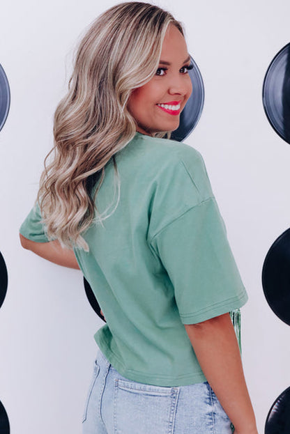 Pink Casual Fringe Sequin Hem Cropped T Shirt