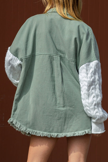 Green Cable Knit Patchwork Sleeve Raw Hem Shacket