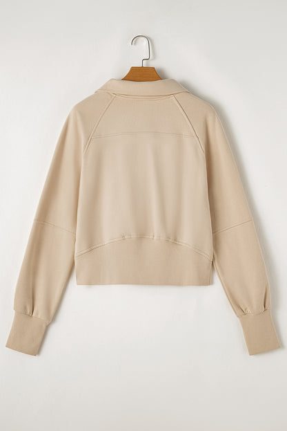 Smoke Green Zip Up Stand Collar Ribbed Thumbhole Sleeve Sweatshirt