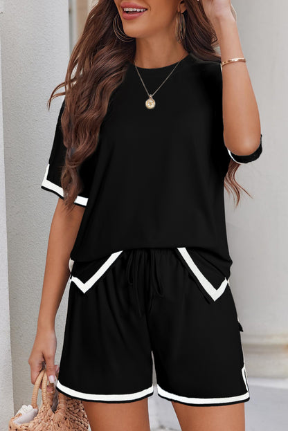 White Contrast Trim Tee and Drawstring Shorts Set