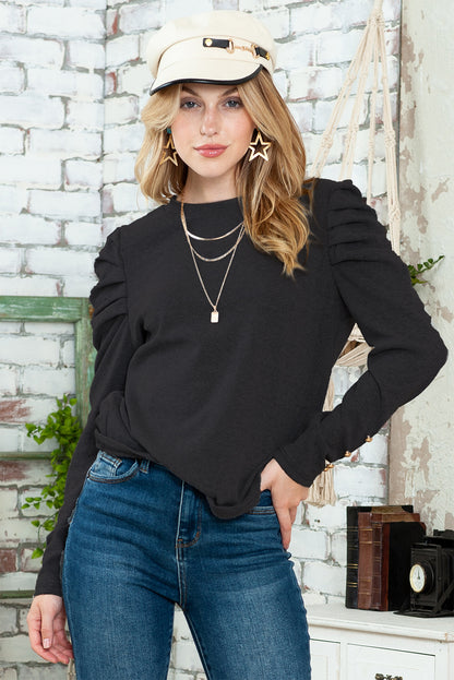 Gray Basic Buttoned Puff Long Sleeve Sheath Top