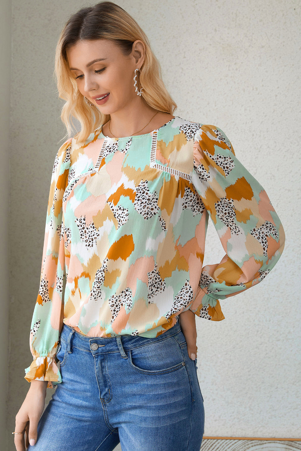 Multicolor Abstract Print Ruffle Puff Sleeve Blouse